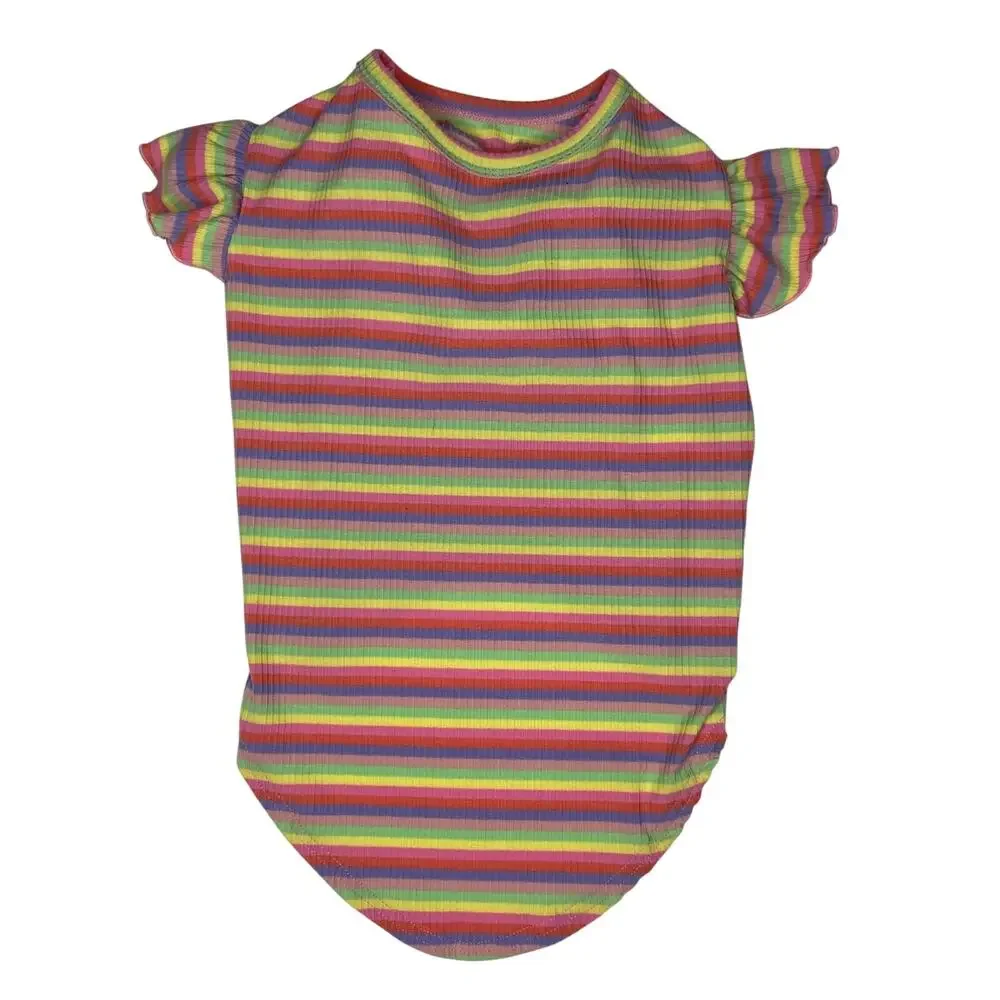 Pink Colorful Striped Dog Shirt with Ruffle Sleeves Pet Clothes